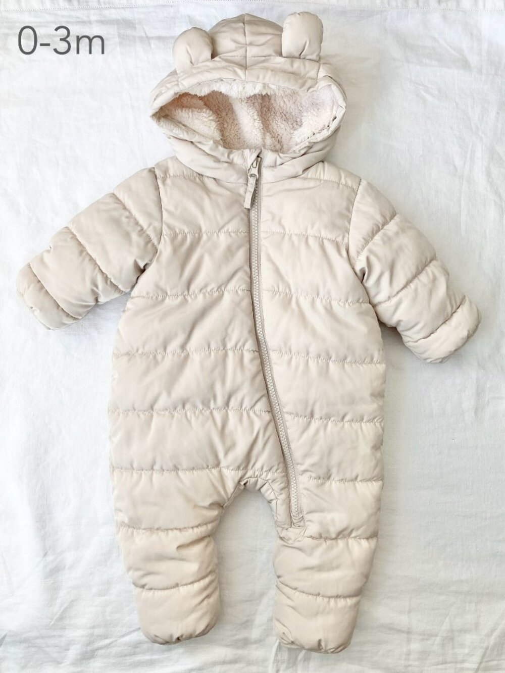 H&M 0-3 Months Baby Infant Cream Beige Pile-Lined Snowsuit Winter Bunting Suit